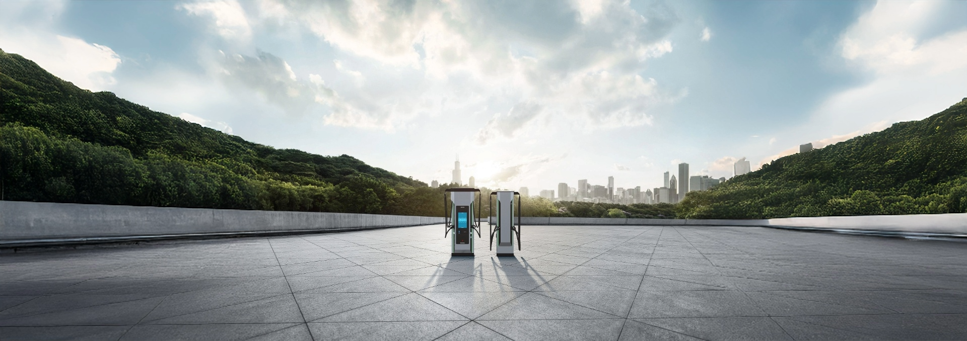 Siemensladesäule Vor und Rückanschau mit RAFI Display und Panoramahintergrund